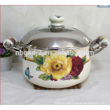 porcelain enamel casserole with big flower decal and ceramic handle